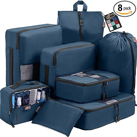 Gorilla Grip 8 Piece Packing Cubes Set, Space Saving Organizers for Suitcases and Luggage, Mesh Window Bags, Travel Essentials for Carry On, Clothes, Shoes, Toiletry Accessories Cube with Zipper, Navy