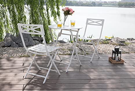 PHI VILLA White 3 Pcs Outdoor Patio Metal Folding Dining Bistro Set with 23.6" Table and 2 x Chairs Furniture Set
