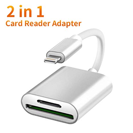 Aluminum 2 in 1 Lighting Card Reader, Rocketek TF & SD Card Dual Slot Camera Reader Adapter, USB OTG Adapter Cable Compatible with iPhone xs/x/8/7Plus/7s/6/5/iPad Pro/Mini/Air, Plug and Play