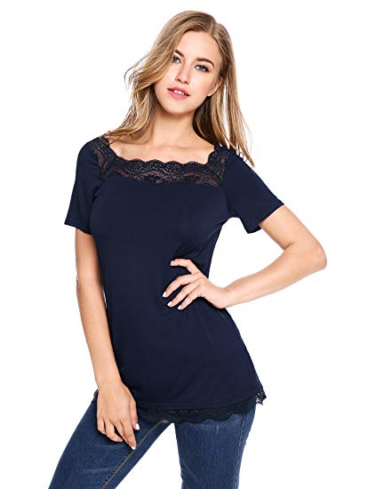 Beyove Women's Casual Floral Lace Regular Fit Short Sleeve Blouse Tunic Top