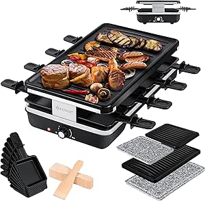 KESSER® Raclette-Grill mit Naturgrillstein, Grillplatte Tischgrill für 8 Personen, Elektrogrill Raclette Grill antihaftbeschichteter Grillplatte, 8 Pfannen und Holzspatel 1200W