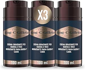 King C. Gillette CREMA IDRATANTE VISO E BARBA, con Vitamina B, 3 confezioni da 100 ml, Ammorbidisce La Pelle E La Barba Incolta, PER CURA DELLA BARBA, IDEA REGALO