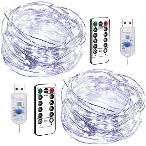 LED String Lights, 2 Pack 100 LED USB Plug in Fairy Lights, 33ft 8 Modes Dimmable Silver Wire Lights with Remote Control, Twinkle String Lights for Bedroom Patio Parties (Cool White)