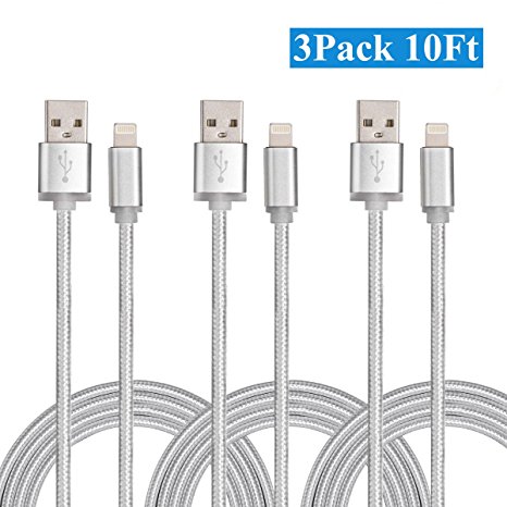 Fleeken 10 Feet Long Lightning to USB Cable Nylon Braided Apple Charger for iPhone X/8/8 Plus/7/7 Plus/6s/6s Plus/6/6 Plus/5/5S/5C/SE/iPad and iPod - 3 Pack