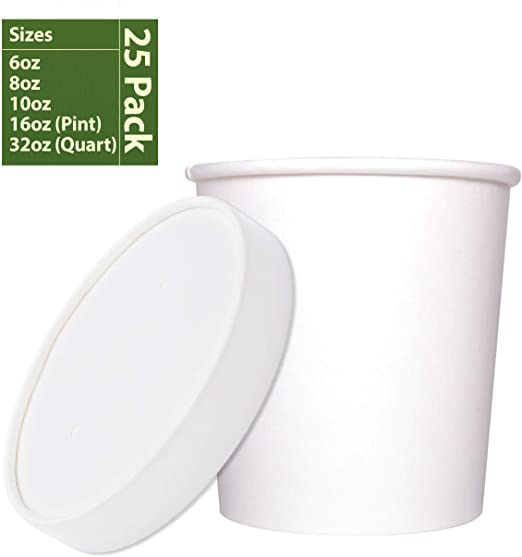 ZenCo Paper Food Container with Vented Lid - 25 Pack 16oz White Disposable Hot/Cold Gourmet Food Cup for Soup, Ice Cream, Sundae, or Yogurt (WHT, 25 Ct, 16oz)