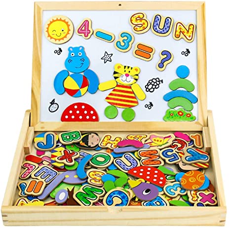 Magnetic Drawing Board Wooden Jigsaw Puzzles Double Sided Blackboard Numbers And Alphabet Game Magnetic Puzzle Board For Kids Up 3 Years Old (90PCS)