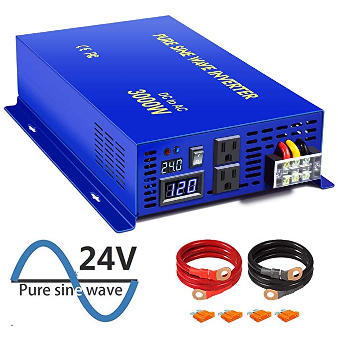 XYZ INVT 3000W Pure Sine Wave Power Inverter 24V DC to 120V AC with 2 AC Outlets 2 Sets of Battery Cables, Power Converter Generator for Home Solar System, RV, Camping.(3000W24V)