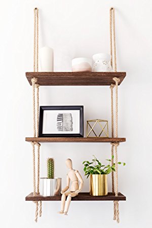 Mkono Hanging Shelf Wall Wood Swing Storage Shelves 3 Tier Jute Rope Organizer