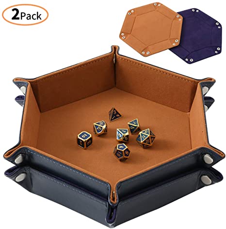 Highway 2 Pcs Portable Folding Dice Rolling Tray Set for RPG DND Table Games - PU Leather and Velvet Holder Storage Box - Blue and Camel
