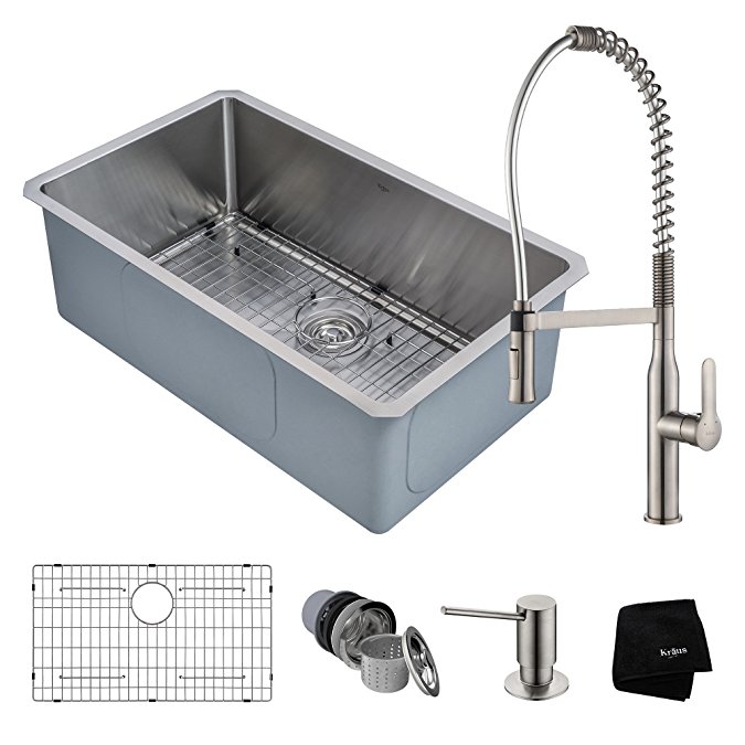 Kraus KHU100-30-1650-41SS Combo with Handmade Undermount 30 in. Single Bowl 16 Gauge Sink and Nola Commercial Kitchen Faucet with Soap Dispenser, Stainless Steel