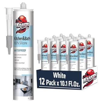 Kraken Bond 100% White Silicone Caulk - (12x10.1 fl.oz) Waterproof Silicone Sealant for Kitchen, Bathroom, Bathtub, Shower, Sink - Anti Shrink Caulking, 12 Pack