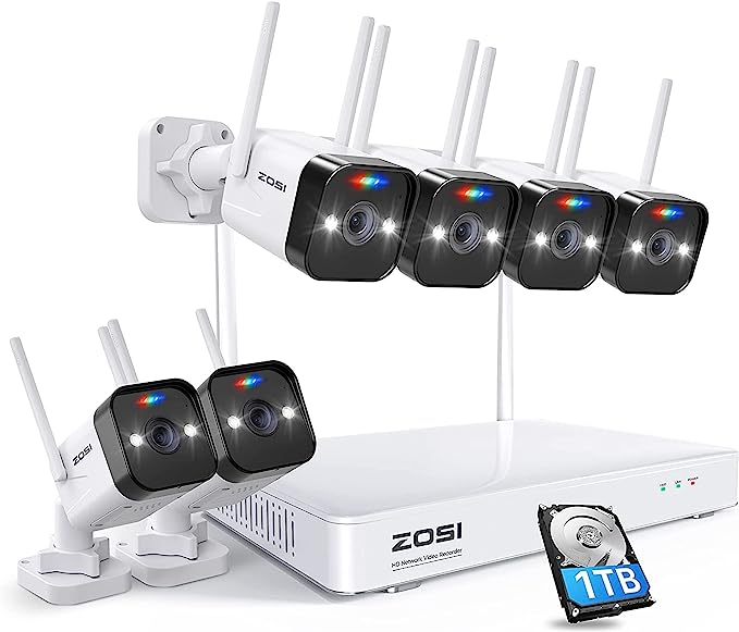 ZOSI 2K Spotlight Wireless Security System with 6PK 3MP Indoor Outdoor WiFi Surveillance Cameras, Two-Way Audio,8CH 3MP CCTV NVR with 1TB Hard Drive, Color Night Vision,for Home 24/7 Record