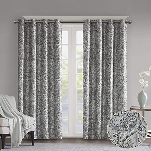 SUNSMART Jenelle Paisley Total Blackout Window Curtains for Bedroom, Living Room, Kitchen, Faux Silk with Traditional Grommet, Energy Savings Curtain Panels, 1-Panel Pack, 50x84, Grey