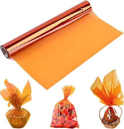 Halloween Orange Cellophane Wrap Roll, Translucent Orange Cellophane Wrapping Paper, 16 Inch Width x 100 Ft Long Colored Cellophane Rolls for Gift Baskets, DIY Arts Crafts Decoration and More