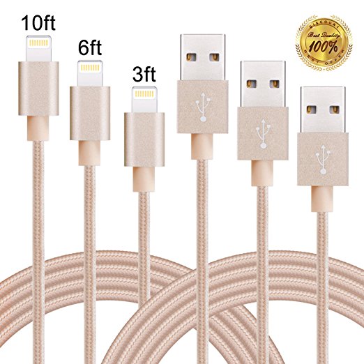 Winage 3Pack 3ft 6ft 10ft Charger Cable Nylon Braided Sync and Charge Cord with Aluminum Heads Compatible with iPhone7/7 plus/ SE/ 6/6s/6 plus/6s plus, 5c/5s/5, iPad Air/Mini, iPod Nano/Touch(Gold)