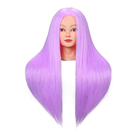 SILKY 26"-28" Long Hair Mannequin Head with 60% Real Hair, Hairdresser Practice Training Head Cosmetology Manikin Doll Head with 9 Tools and Clamp - Purple, Makeup On