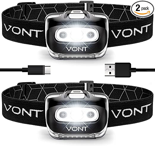 Vont Rechargeable Headlamp Flashlight [2 Pack] Headlamps Running, Camping, Hiking, Climbing, Fishing, Jogging, Headlight with Red Light, Headlamps