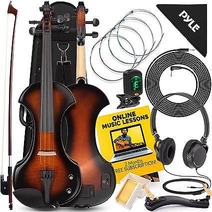 Pyle Full Size Electric Violin Kit, 4/4 Solid Wood Silent Fiddle with Hard Case, Bow, Ebony Fittings, and Digital Tuner