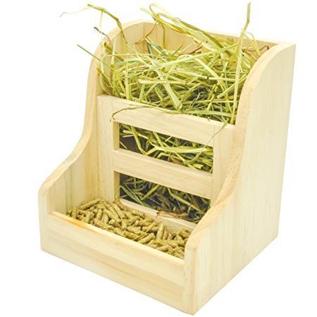 Niteangel Grass and Food Double Use Feeder, Wooden Hay Manger for Rabbits, Guinea Pigs