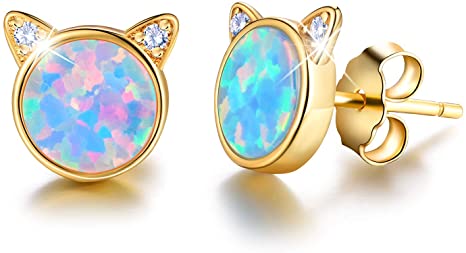 Esberry,✦Gifts for Christmas✦Sweet 16 Gifts for Girls,14K Gold Plated Sterling Silver Created Opal Cat Stud Earrings Cute Cat Hypoallergenic Earrings Gifts for Women Girls Mom Mother Wife Girlfriend