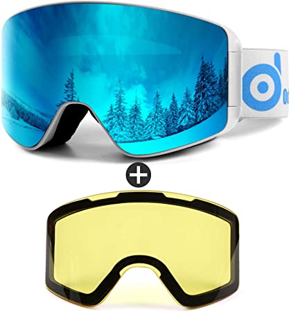 Odoland Ski Goggles Set with Detachable Lens, Frameless Interchangeable Lens, Anti-Fog 100% UV Protection Snow Goggles for Men and Women, Helmet Compatible