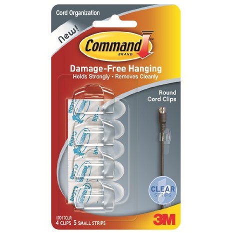 Command Round Cord Clips, Clear, 4-Clip