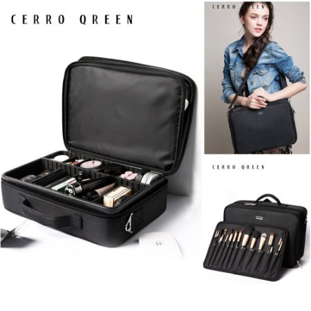 Makeup Train Case —CERROQREEN Professional Beauty Artist Storage Waterproof Makeup Cosmetic Tools Brushes Box Bag Holder Organizer with Shoulder Strap (Black)
