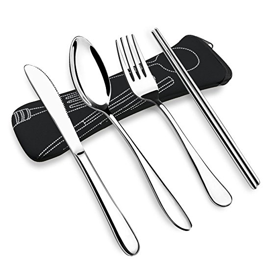 VICBAY 4 Pieces Reusable Lunch Cutlery Set Portable 304 Stainless Steel Camping Flatware Set Travel Utensils (Fork Spoon Chopsticks) with Neoprene Case (Black)