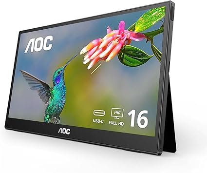 AOC 16T3EA 16'' Class USB-C Ultra-Slim Portable Monitor with IPS Panel, Full HD 1920x1080 Resolution, Built-in kickstands for Portrait/Landscape View, PC/MacBook, VESA Mount, Carrying Bag Included