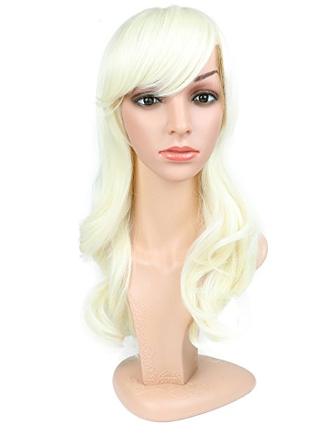 Fani Wigs Long Wavy Wig with Free Wig Cap Synthetic Wigs with Side Bangs Blonde Color Wigs