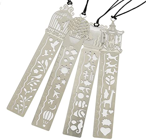 Petift Metal Bookmark Ruler Set of 4,Stainless Steel Hollow Cute Drawing Template Painting Stencil for Art Craft/DIY Photo Album/Notebook/Diary, Great Gift for Kids Students Writer and Reader