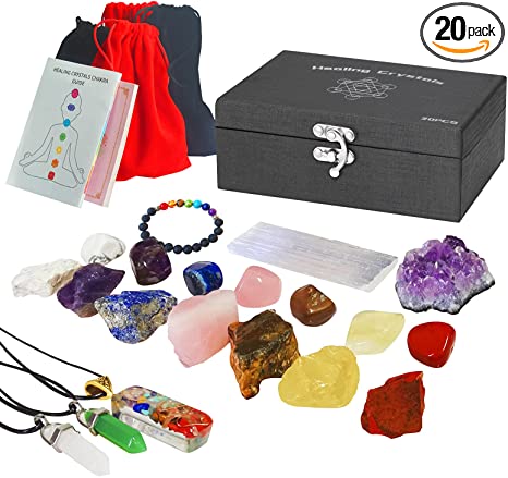 20PCS Crystals and Healing Stones Set in Gift Box, 7 Raw and 7 Tumbled Chakra Stones, 1 Amethyst Cluster, 1 Selenite Crystal for Charging, 1 Orgonite Chakra Pendant, 2 Agate Necklaces, 1 Lava Bracelet