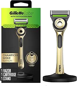 GilletteLabs with Exfoliating Bar Razor for Men, Champion Gold Edition - 1 Handle, 1 Razor Blade Refill, Includes Premium Magnetic Stand