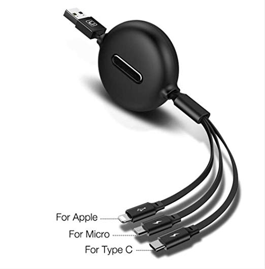4ft Retractable USB Charging Fast Cable, 3 in 1 Micro USB Type C Multi Charger Cord Compatible for All Phones Samsung, Moto, BlackBerry, Nokia, LG, Phone X 8 7 6s 6 Plus 5s 5 (Black)