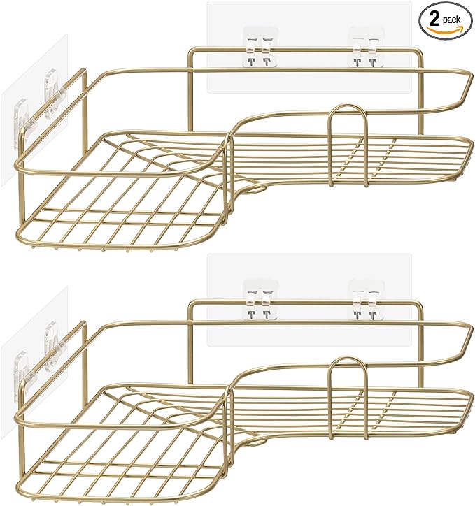 Navaris Self Adhesive Shower Caddy - Set of 2 Bathroom Organizer Shelves for Corner Wall of Bath - Toiletry Shampoo Storage Rack Holder - Gold