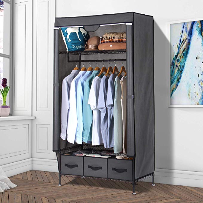 Lifewit Full Metal Closet Organizer Wardrobe Closet Portable Closet Shelves with Adjustable Legs, Non-Woven Fabric Clothes Cover and 3 Drawers, Super Sturdy and Durable