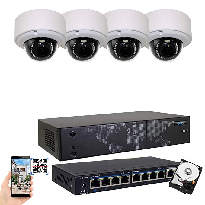GW Security AutoFocus 4K (8MP) IP Camera System, 8 Channel H.265 4K NVR, 4 x 8MP UltraHD 3840x2160 Dome POE Security Camera 4X Optical Motorized Zoom Outdoor Indoor