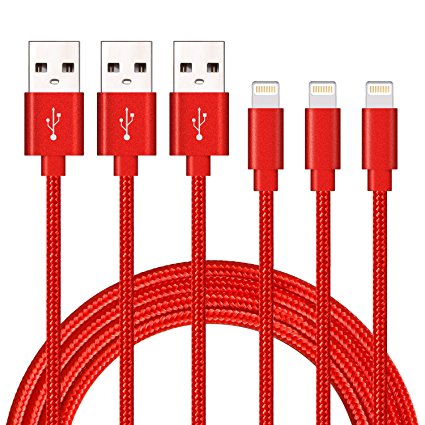 Suanna Lightning Cable, 3Pack 10FT Certified Nylon Braided Cord iPhone Cable Certified to USB Charging Cable for iPhone 7, 7 Plus, 6S, 6 , SE, 5S, 5, iPad Air/Mini, iPod Nano 7 - Red
