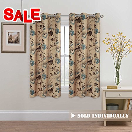 H.Versailtex Classical Vintage Floral Pattern Thermal Insulated Blackout Room Curtains with Antique Grommet, 1 Panel, W40 x L63 inch - Brown & Taupe & Aqua Floral