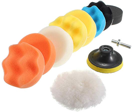 11Pcs 3 Inch Car Foam Drill Polishing Pad Kit Buffing Sponge Pads Kits by Yesallwas,for Car Sanding, Polishing, Waxing (8 Polishing Pads,1 Woolen Buffer, 1 Thread Drill Adapter with Shank)