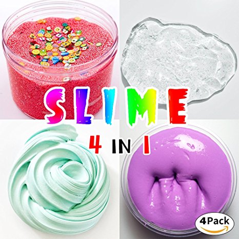 HSETIY Super Slime kit - 4 Styles Slime（2.5 oz each,total 10oz） with Colorful Foam Balls, Gold sand Decoration, Pearl Decoration, Golden sand Glitter Shake Jars for DIY Slime