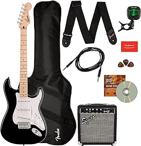Fender Squier Sonic Strat Pack - Black Bundle with Frontman 10g Amp, Gig Bag, Tuner, Strap, Cable, Picks, Fender Play, and Austin Bazaar Guitar DVD