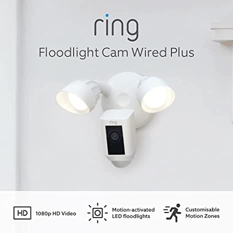 Ring Floodlight Cam Wired Plus by Amazon | 1080p HD Video, motion-activated LED floodlights, built-in siren, hardwired installation | With 30-day free trial of Ring Protect Plan | White | 2-Camera