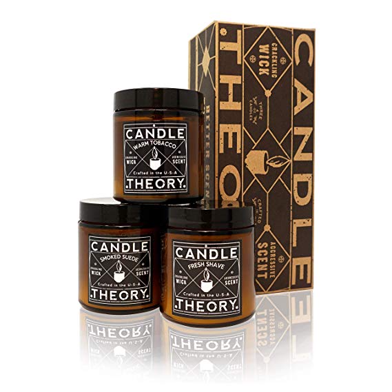 Scented Candle Set with Crackling Wood Wicks - 3 Scents - Tobacco, Smoked Suede, and Sandalwood & Musk - Designed for Both Men and Women but Perfect for Man Cave Decor