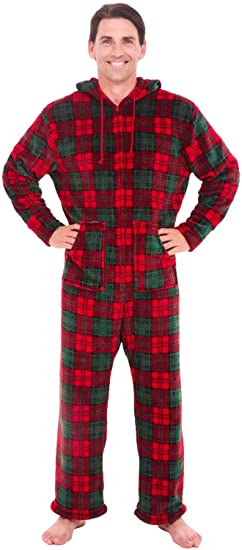 Men's Warm Fleece One Piece Footed Pajamas, Winter Christmas Onesie with Hood