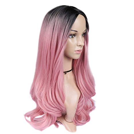 Lady Miranda Ombre Wig Black To Pink High Density Heat Resistant Synthetic Hair Weave Full Wigs For Women (Black&Pink)