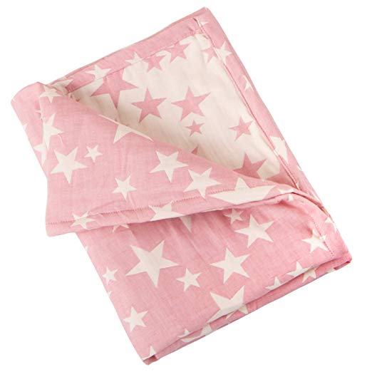 NTBAY 3 Layer Toddler Blanket, Muslin Cotton Jacquard Bed Blankets, Lightweight Thermal Baby Blanket, Super Soft and Warm Crib Blanket for All Seasons, Decoration Gift, 30"x 40", Pink Star