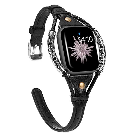 Wearlizer Black Leather Compatible with Apple Watch Bands 38mm 40mm iWatch Womens Handmade Twist Strip Strap, Vintage Rivet with Metal Rope Wristband Stylish Bracelet (Silver Clasp) Series 4 3 2 1