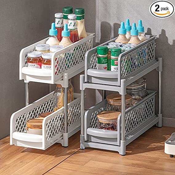2Pack Under Sink Organizers and Storage, 2 Tier Pull Out Cabinet Organizer,Sliding Cabinet Organizers with Storage Drawers for Bathroom Kitchen Countertop Narrow Space