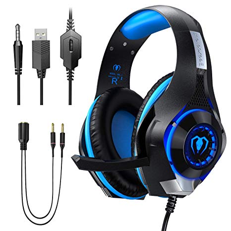 Gaming Headset for New Xbox One, Beexcellent 3.5mm Wired Over Ear Gaming Headphones with Mic,Bass Stereo,LED Light,Noise Isolating Soft Memory Earmuffs for Xbox One S/Xbox One/PS4/Mac/PC/Phones